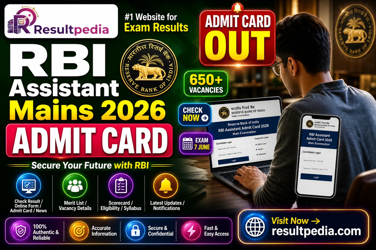 RBI Assistant Mains Admit Card 2026 OUT — 650 Posts, Exam 7 June — Resultpedia banner