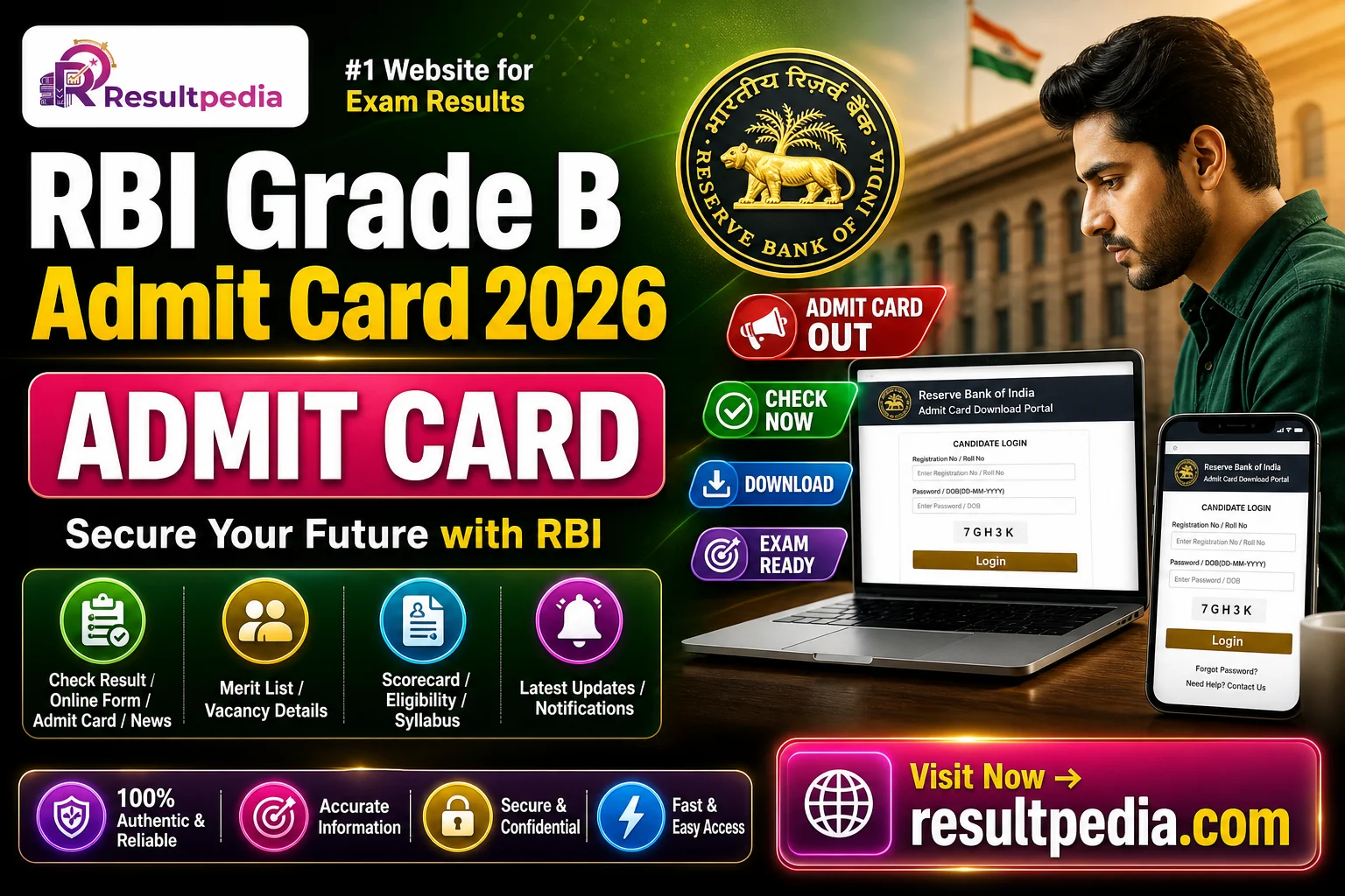 RBI Grade B Admit Card 2026 (Phase 1) — Download — Resultpedia banner