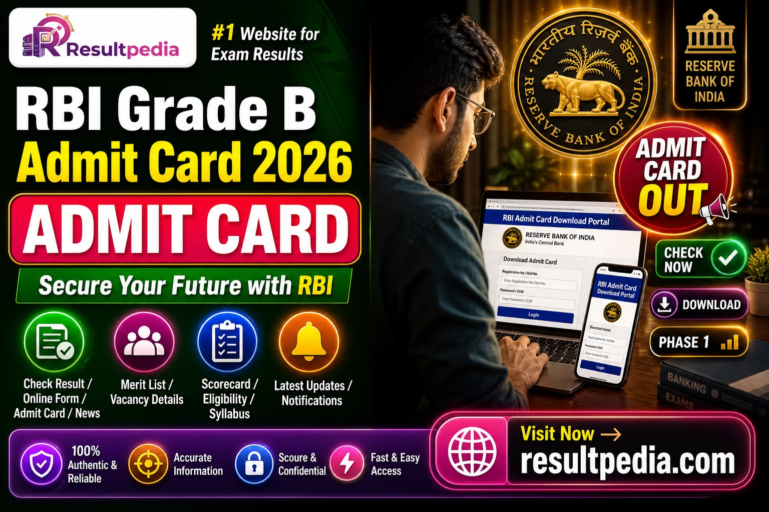 RBI Grade B Admit Card 2026 (Phase 1) — Download — Resultpedia banner