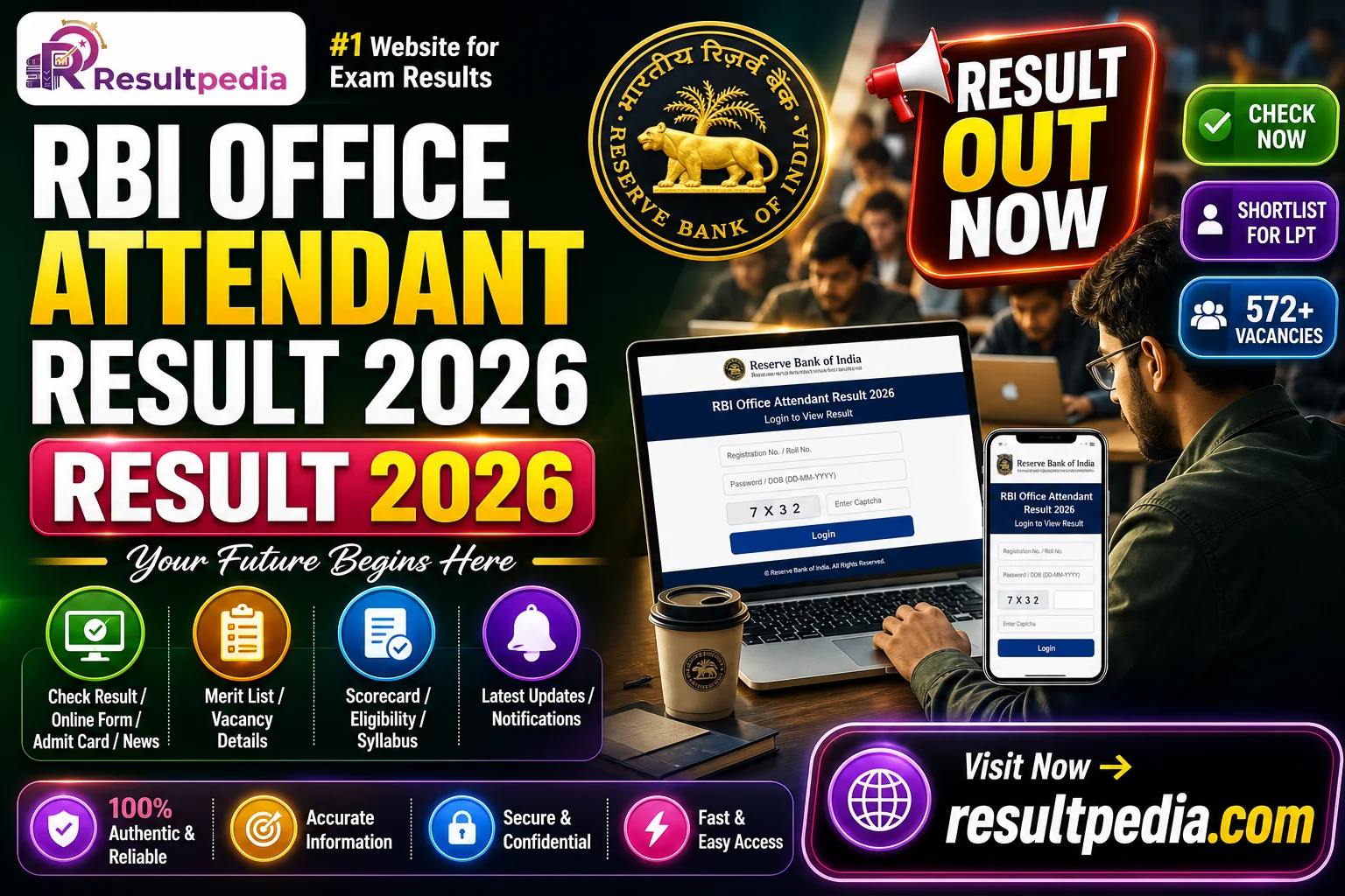 RBI Office Attendant Result 2026 — Out at rbi.org.in, Shortlist for LPT — Resultpedia banner