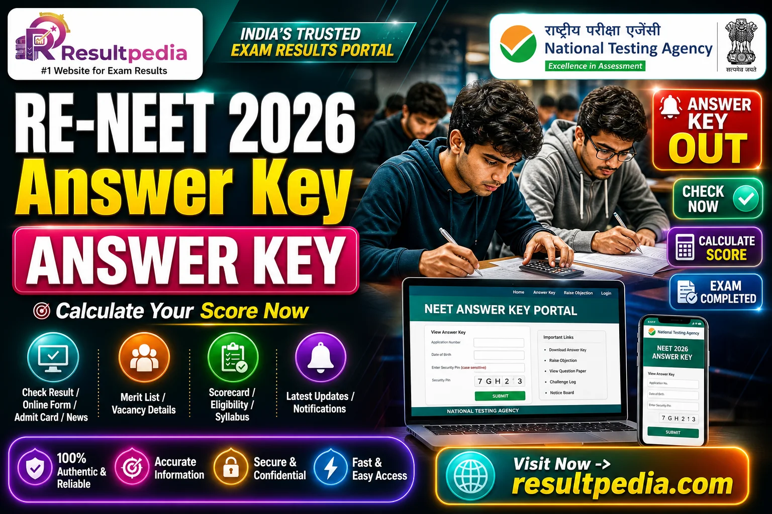 RE-NEET 2026 Answer Key — Codes 50, 60, 70, 80 Question Paper, Marking & Score Calculator — Resultpedia banner