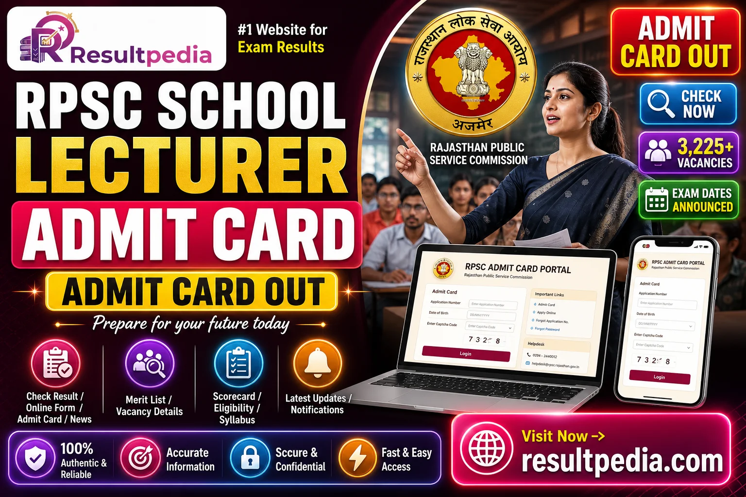 RPSC School Lecturer (PGT) Admit Card 2026 OUT — 3,225 Posts, Exam 31 May-11 June — Resultpedia banner