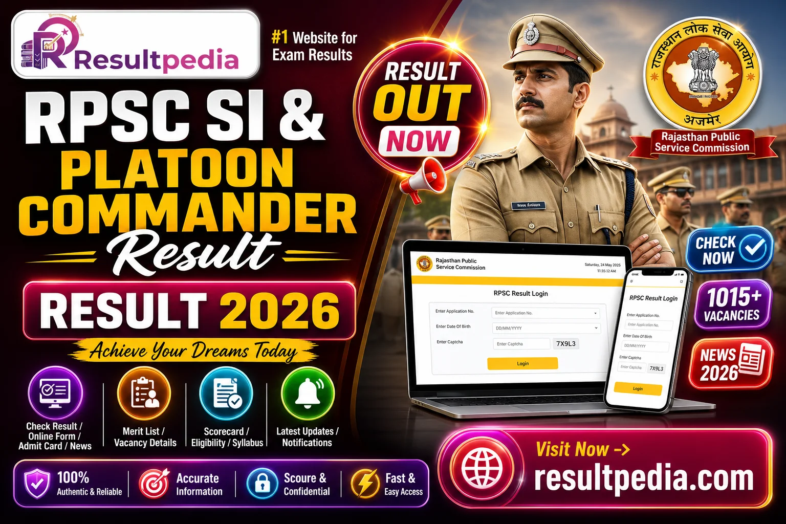 RPSC SI & Platoon Commander Score Card 2026 — Result & Marks — Resultpedia banner