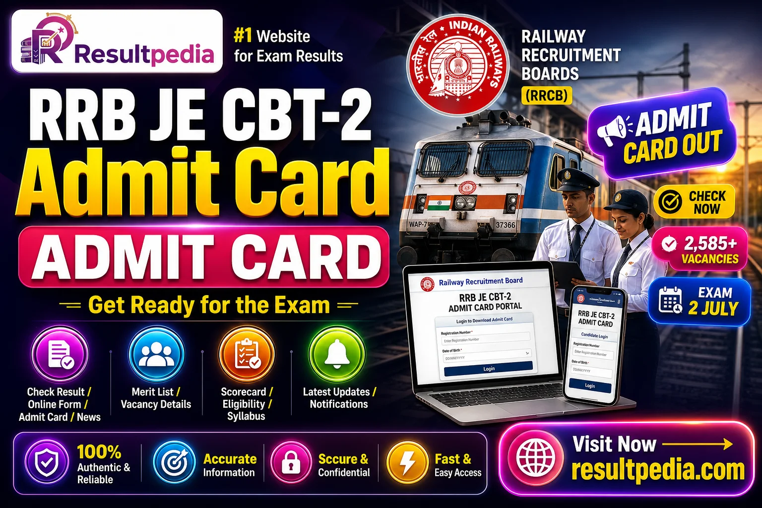 RRB JE CBT-2 City Intimation Slip 2026 — Exam on 2 July, Admit Card 28 June — Resultpedia banner