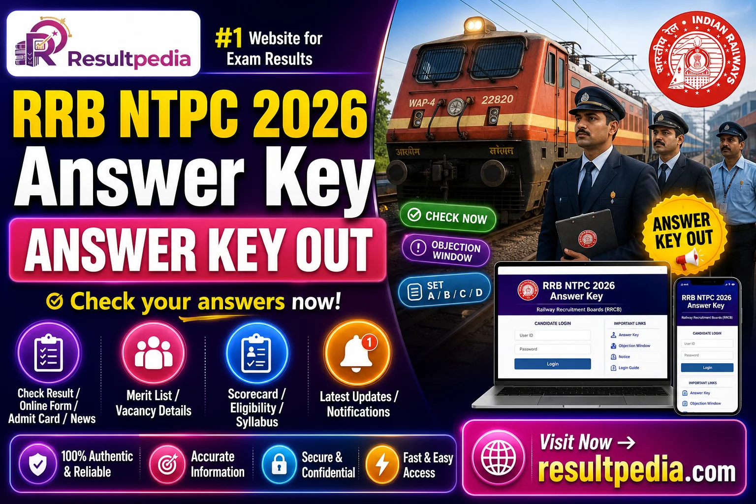 RRB NTPC 2026 Answer Key — Set A/B/C/D PDF + Objection Window — Resultpedia banner