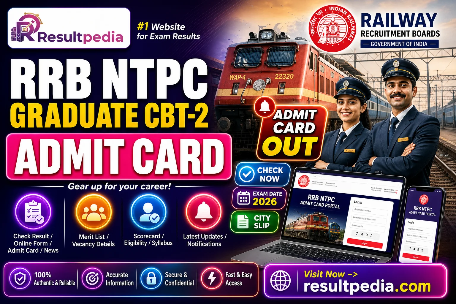 RRB NTPC Graduate CBT-2 Exam Date 2026 — Exam 10 July, City Slip 1 July — Resultpedia banner
