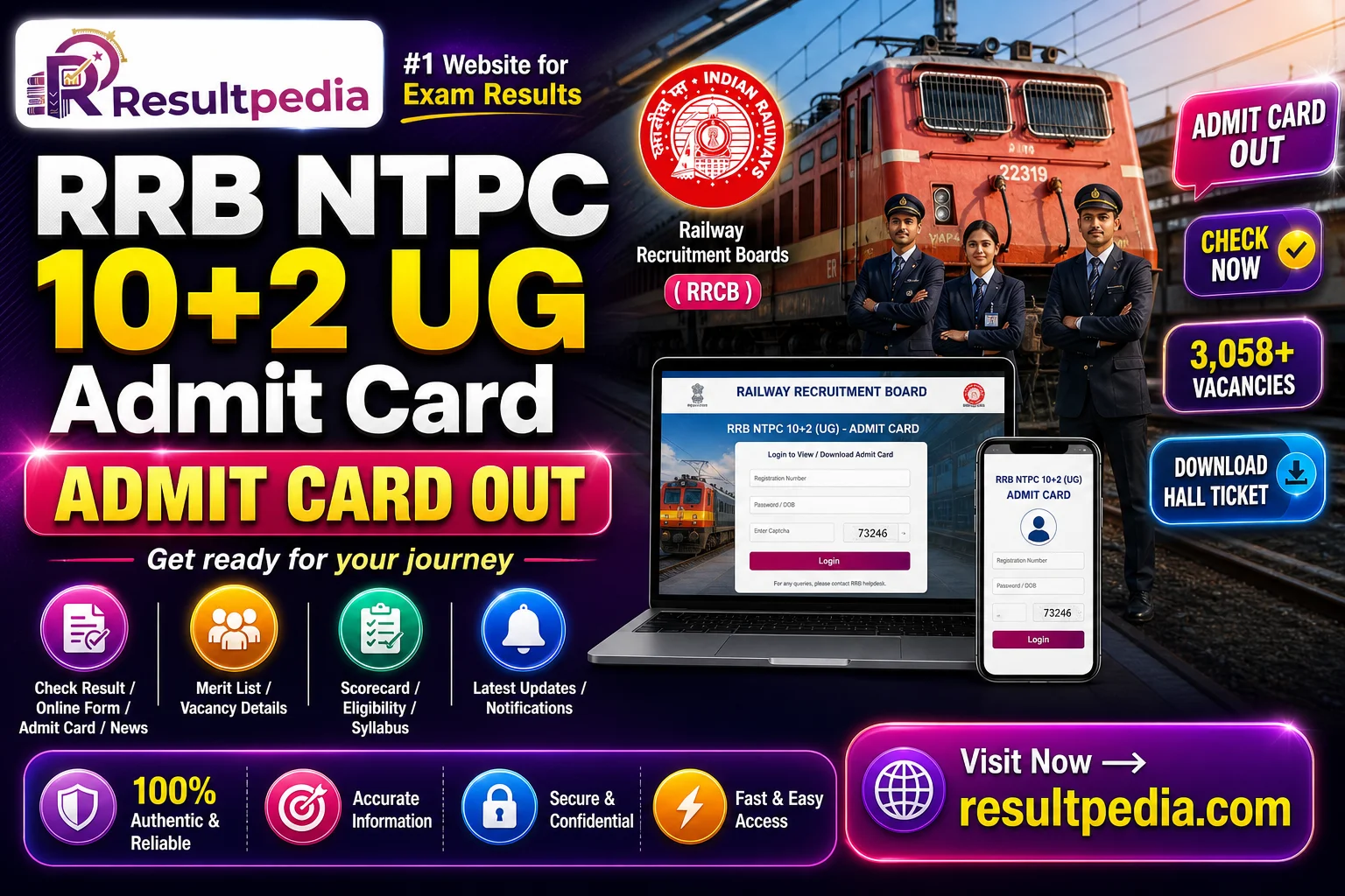RRB NTPC 10+2 UG Admit Card 2026 OUT — CEN 07/2025 CBT-1 Hall Ticket Download for 3,058 Posts