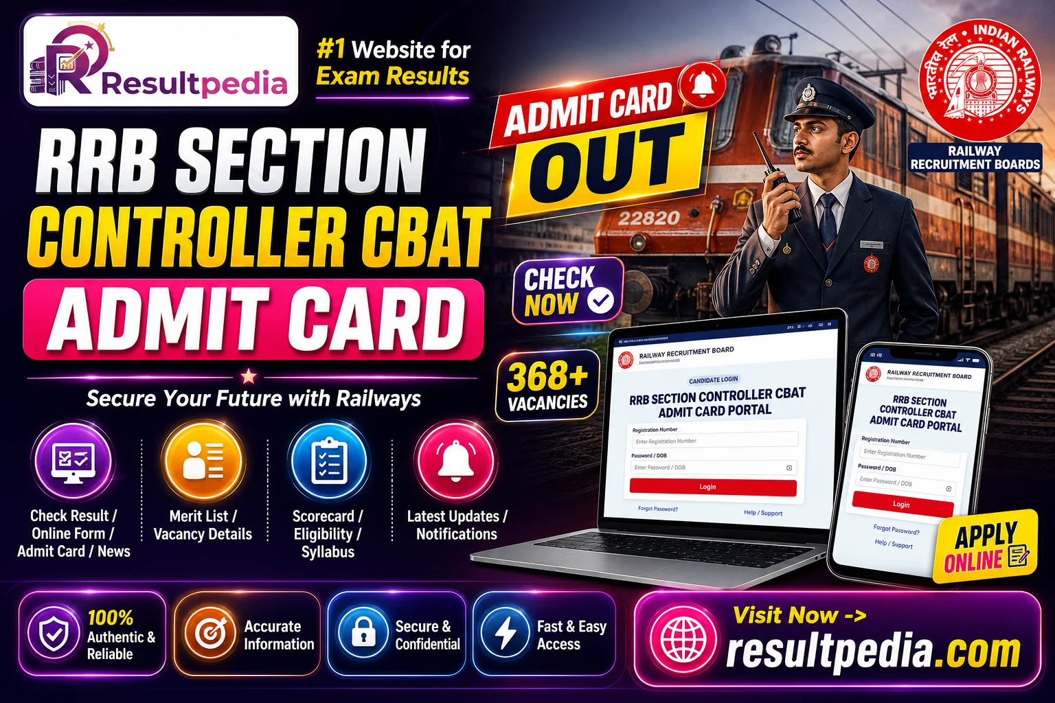 RRB Section Controller CBAT Exam City 2026 OUT — 368 Posts, CBAT 6 June — Resultpedia banner