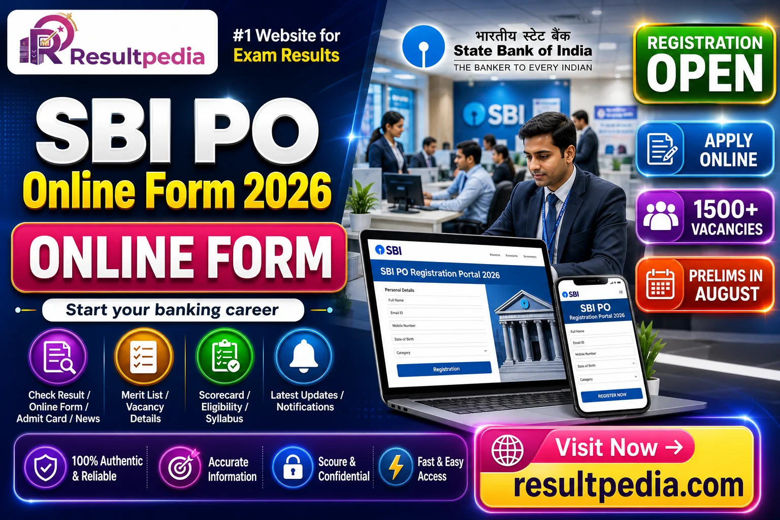 SBI PO Online Form 2026 — 1,500 Posts, Apply by 8 July, Prelims in August — Resultpedia banner