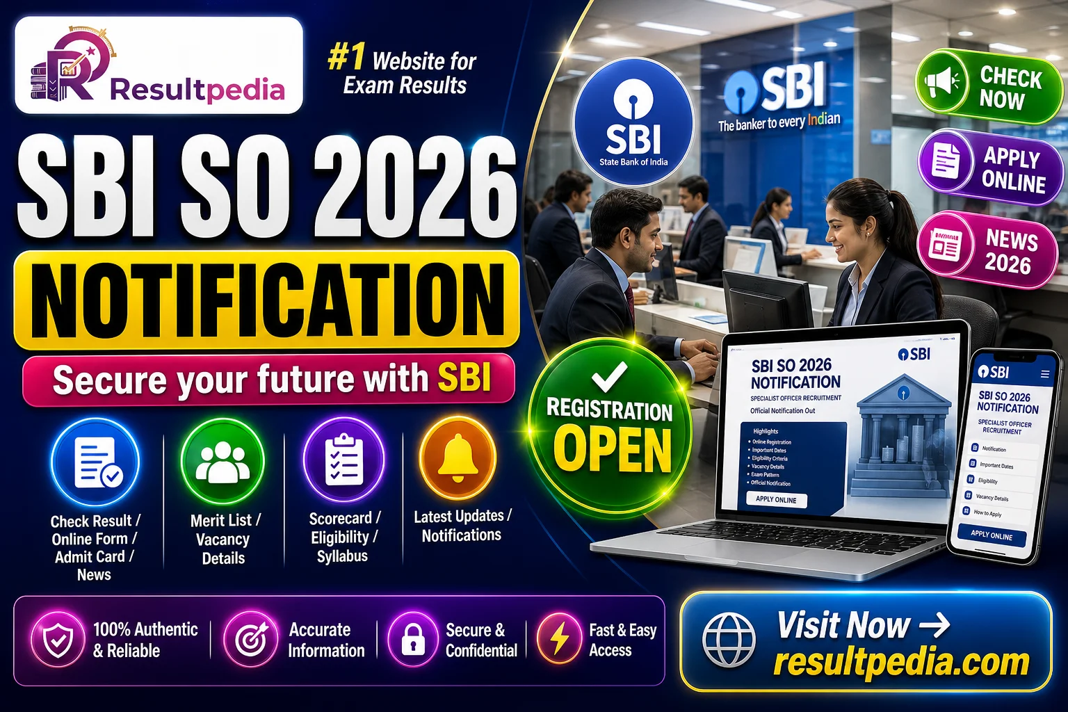 SBI SO 2026 (Specialist Officer) — Notification, Posts, Eligibility & Selection — Resultpedia banner