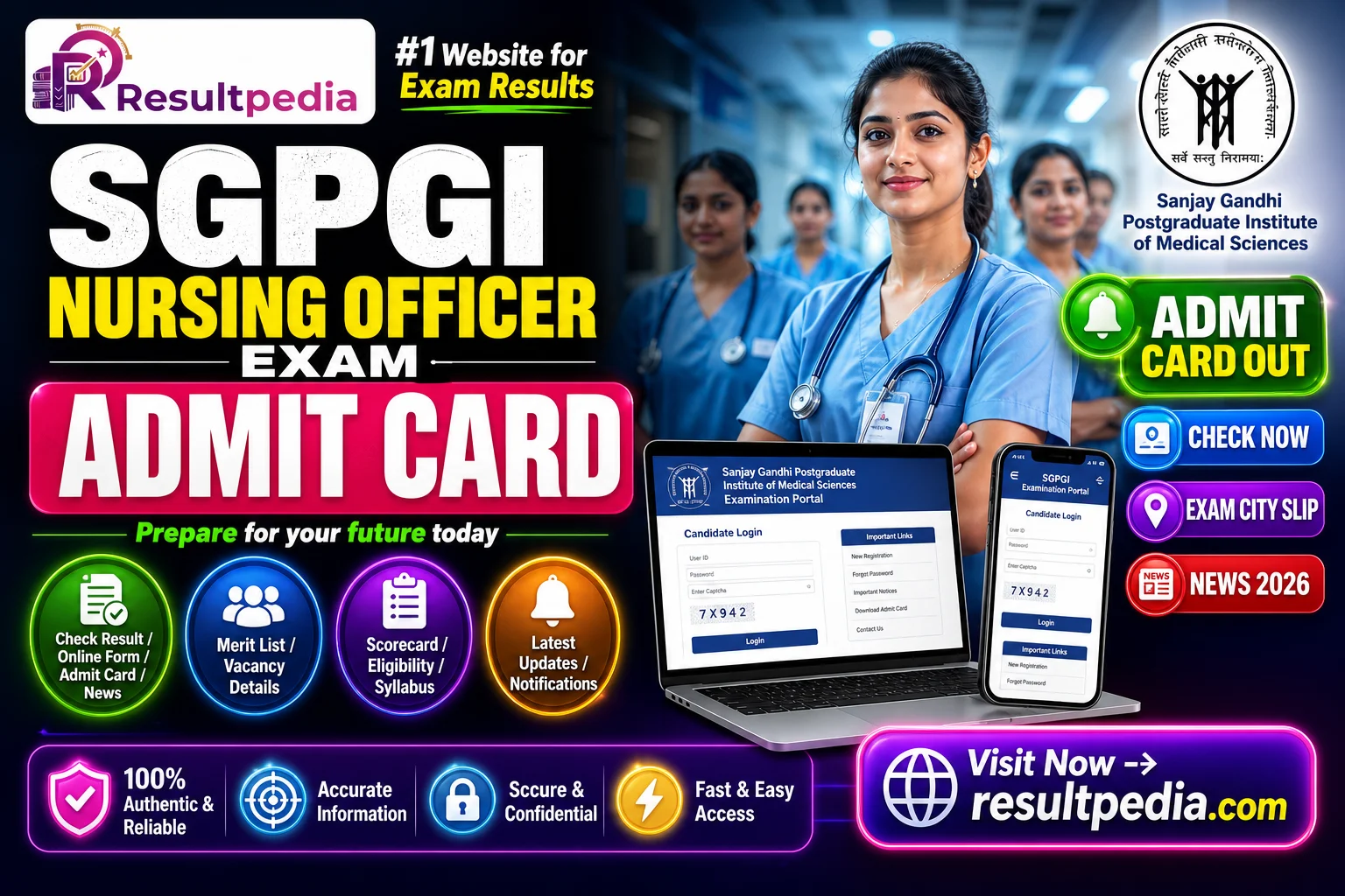 SGPGI Nursing Officer Exam City Slip 2026 Out — Admit Card Soon — Resultpedia banner