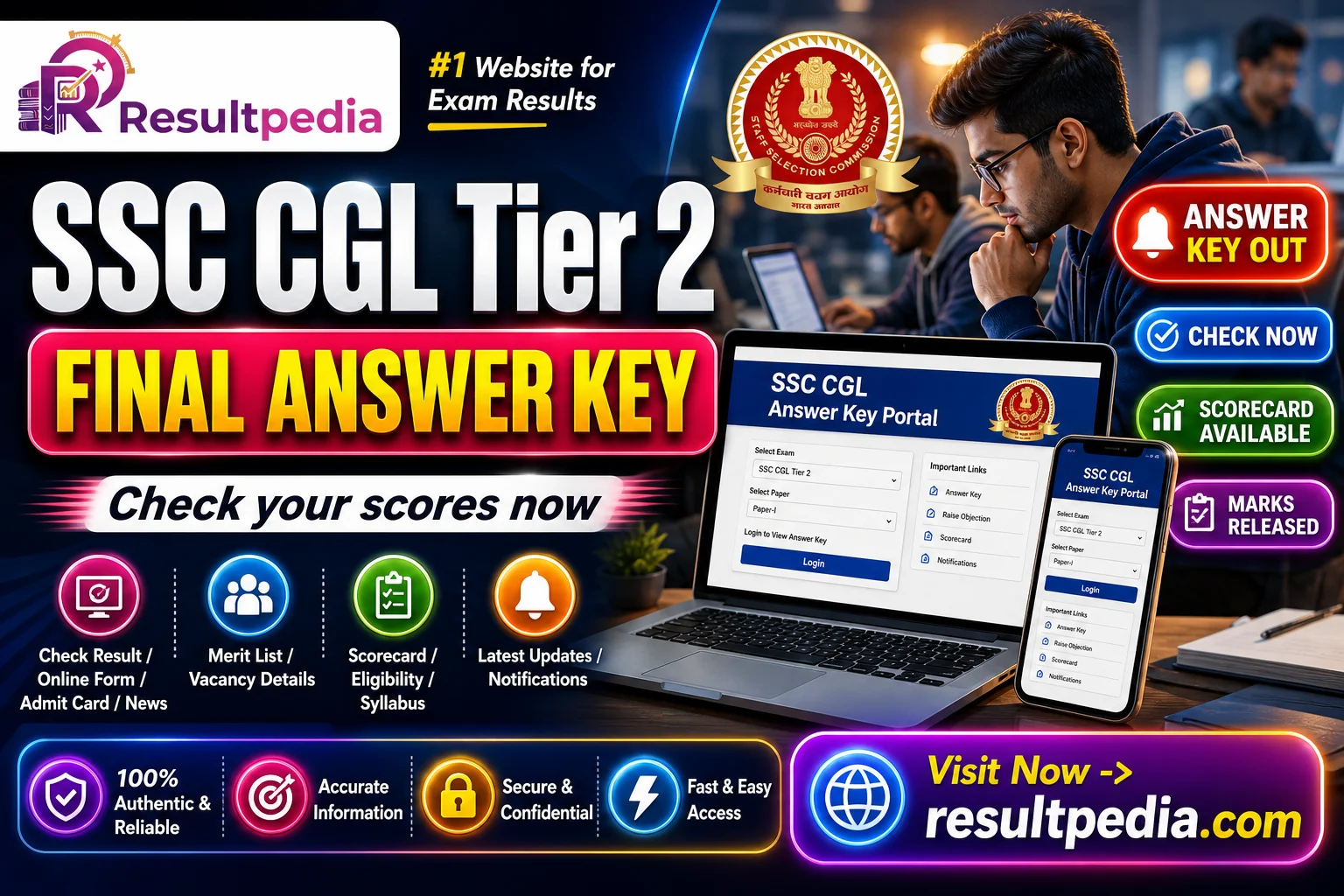 SSC CGL Tier 2 Final Answer Key 2026 — Scorecard & Marks Out at ssc.gov.in — Resultpedia banner