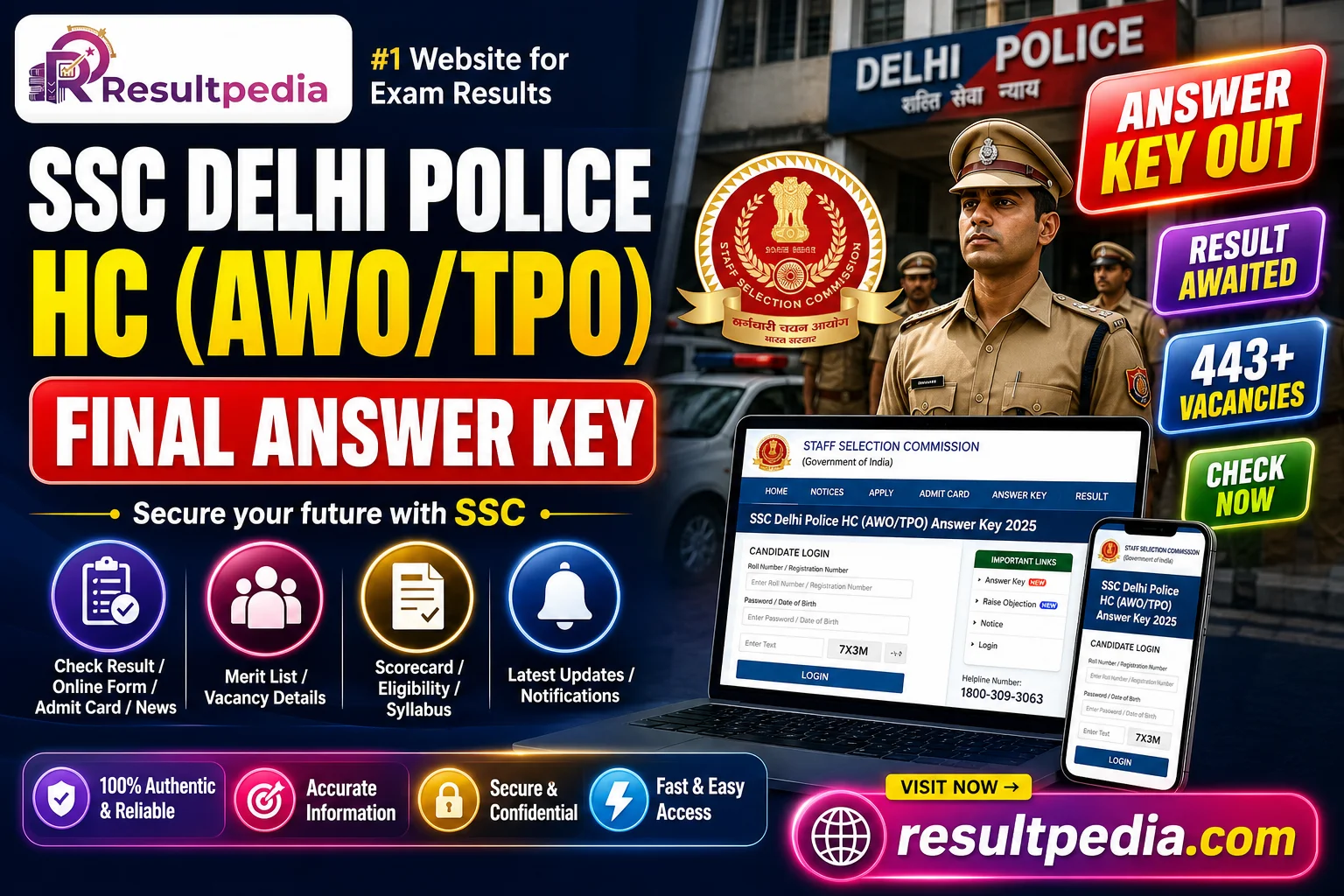 SSC Delhi Police HC (AWO/TPO) 2026 — Final Answer Key OUT, Result Awaited — Resultpedia banner