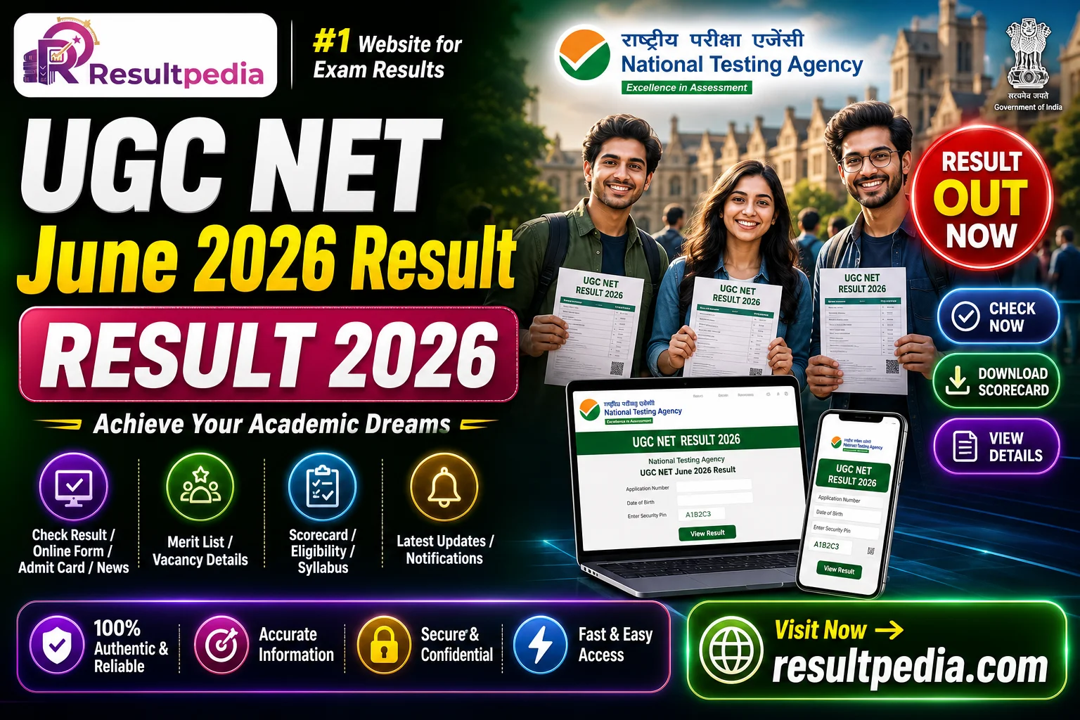 UGC NET June 2026 Result — JRF, Assistant Professor & PhD Scorecard — Resultpedia banner