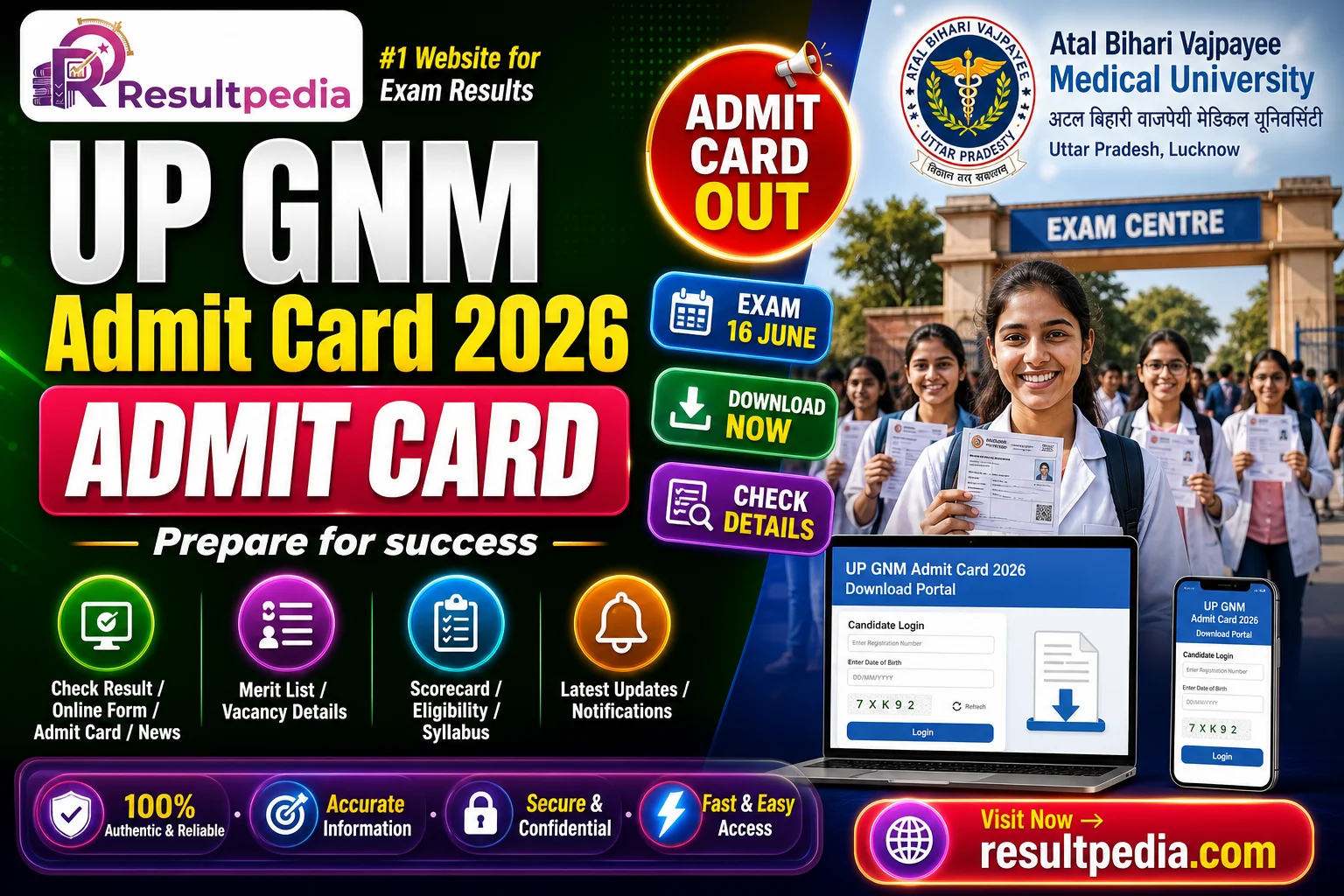 UP GNM (UPGET) Admit Card 2026 Out — Download Hall Ticket, Exam 16 June — Resultpedia banner