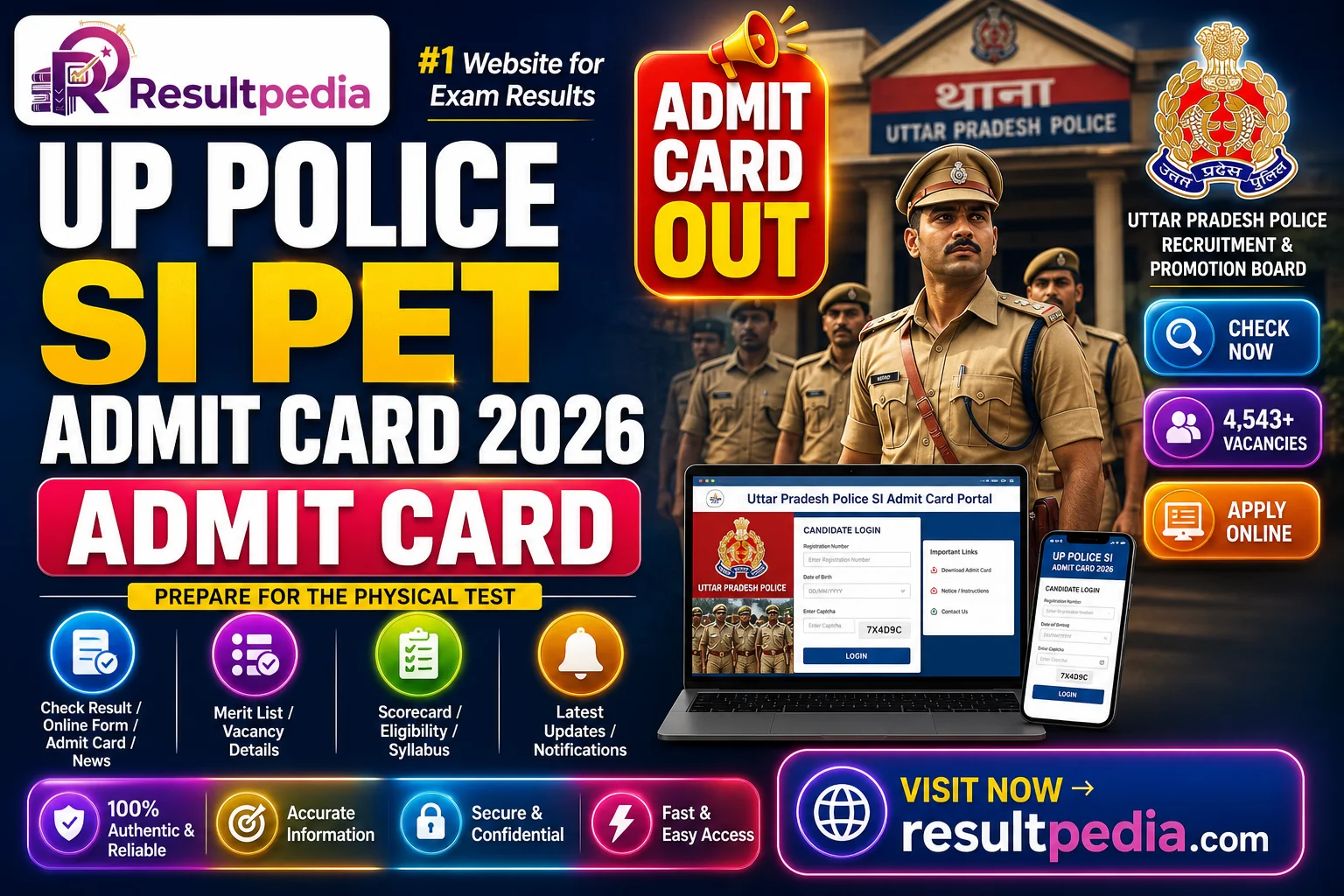 UP Police SI PET Admit Card 2026 — Physical Efficiency Test 29 June–1 July — Resultpedia banner