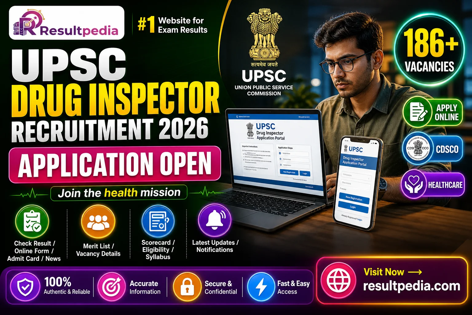 UPSC Drug Inspector Recruitment 2026 — 186 Posts (CDSCO, Advt 07/2026) — Resultpedia banner
