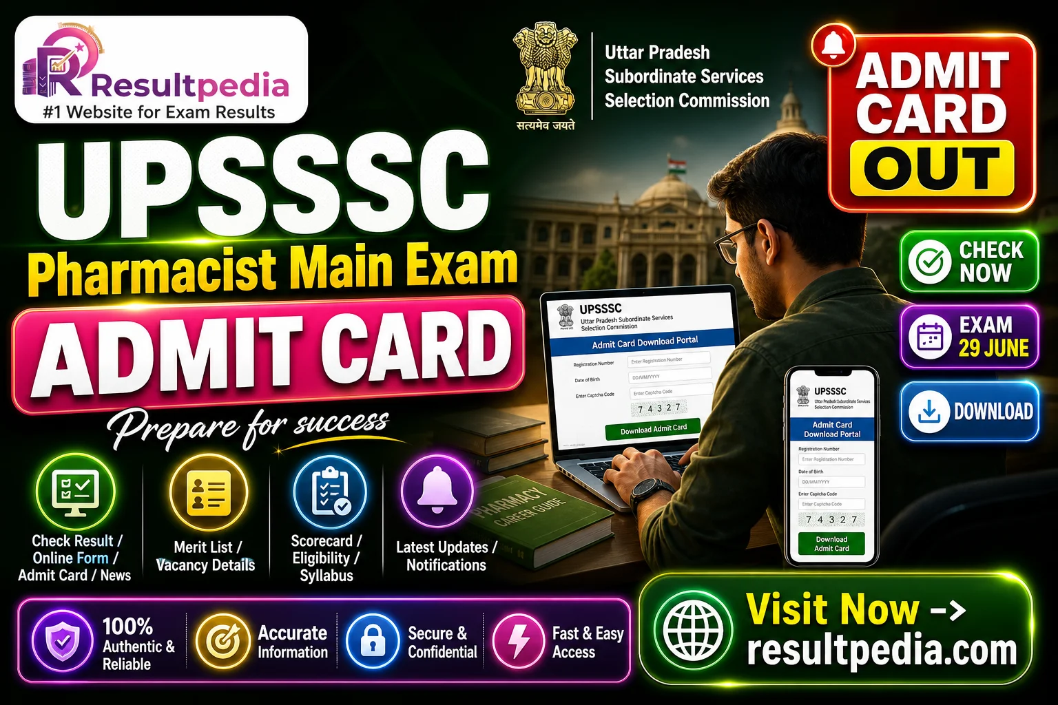 UPSSSC Pharmacist Main Admit Card 2026 — Exam 29 June — Resultpedia banner