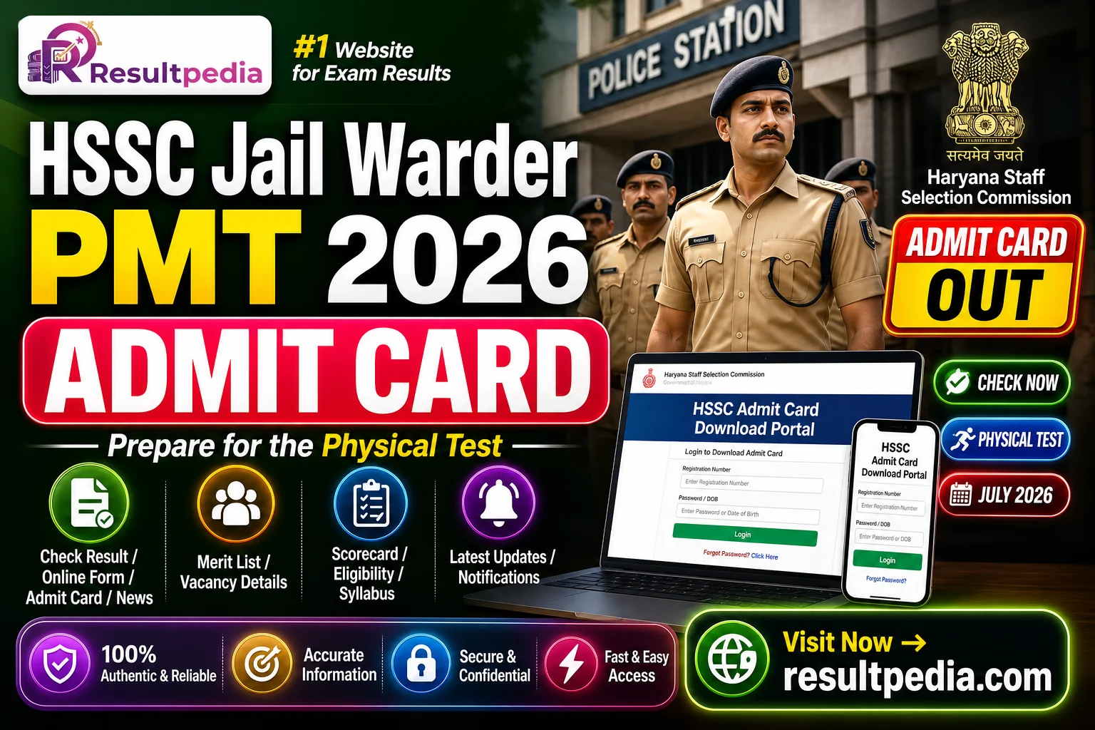 HSSC Jail Warder PMT 2026 — Physical Test Schedule (6 to 11 July), Standards and Admit Card — Resultpedia banner