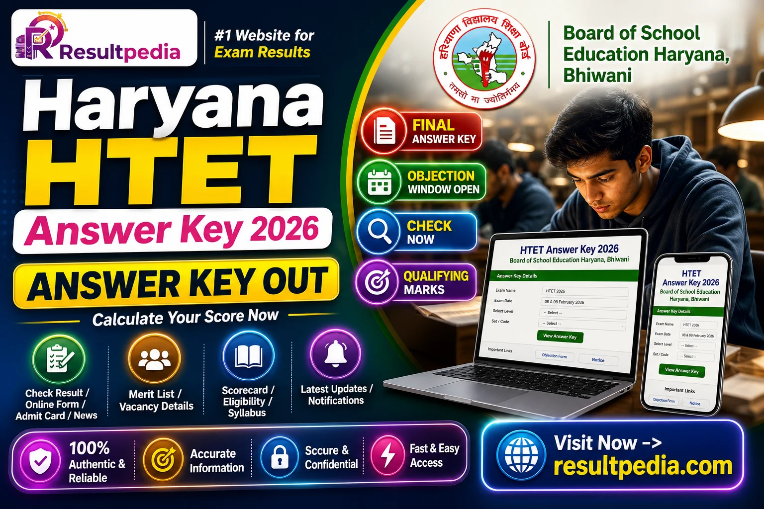 Haryana HTET Answer Key 2026 — Objection Window Open, Score Calculator and Qualifying Marks — Resultpedia banner