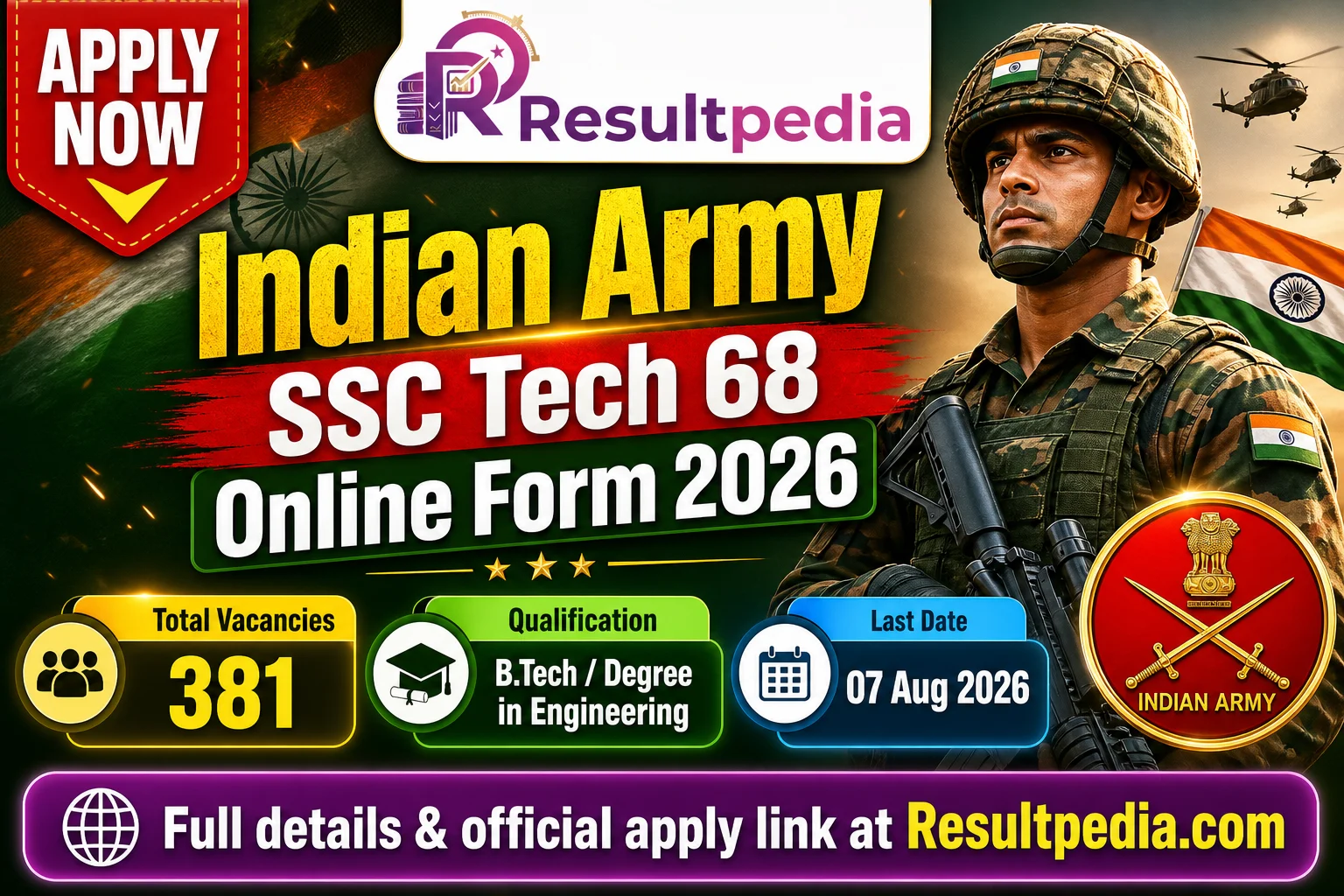 Indian Army SSC Tech 68 Online Form 2026: 381 Posts for Engineers, Apply Online — Resultpedia banner