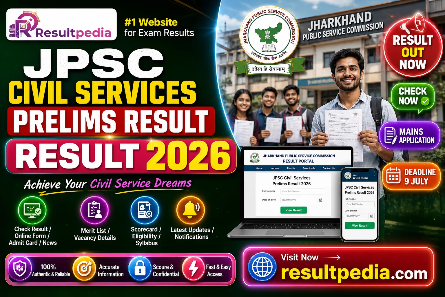 JPSC Civil Services Prelims Result 2026 — PT Out, Mains Application Closes 9 July — Resultpedia banner