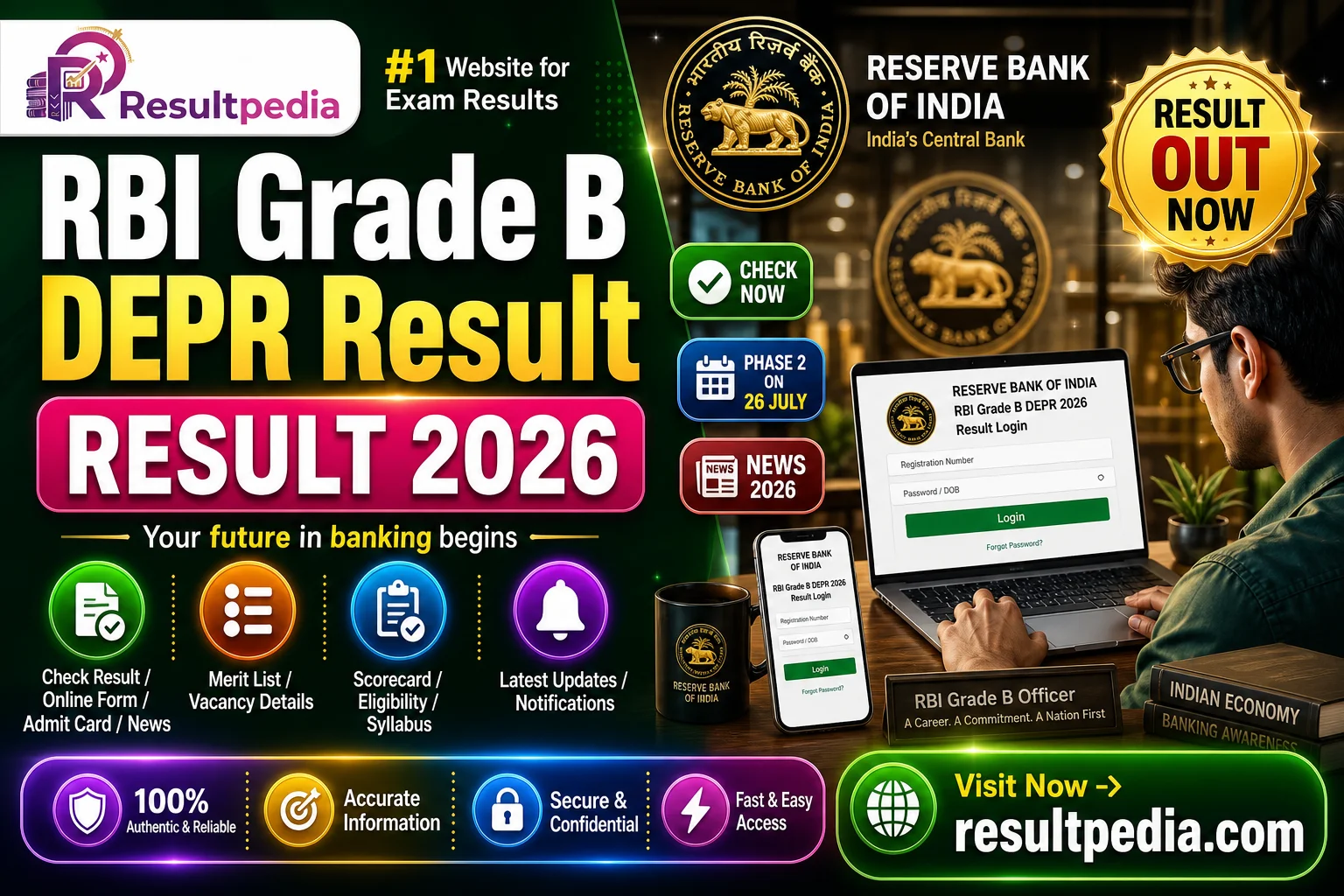 RBI Grade B DEPR Phase 1 Result 2026 — Out, Phase 2 Exam on 26 July — Resultpedia banner