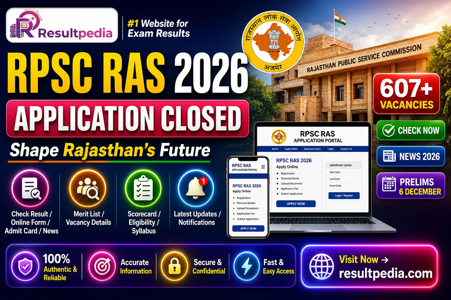 RPSC RAS 2026 — 607 Posts, Prelims on 6 December (Advt 02/2026-27) — Resultpedia banner