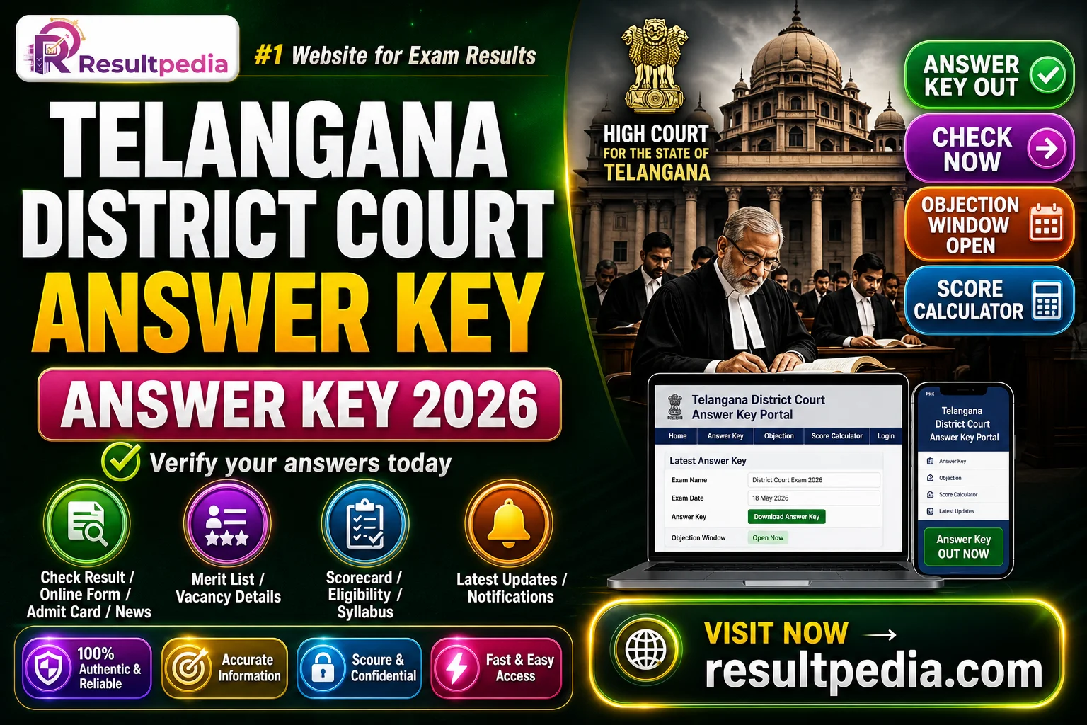 Telangana District Court Answer Key 2026 — Objection Window Open Till 8 July, Score Calculator — Resultpedia banner