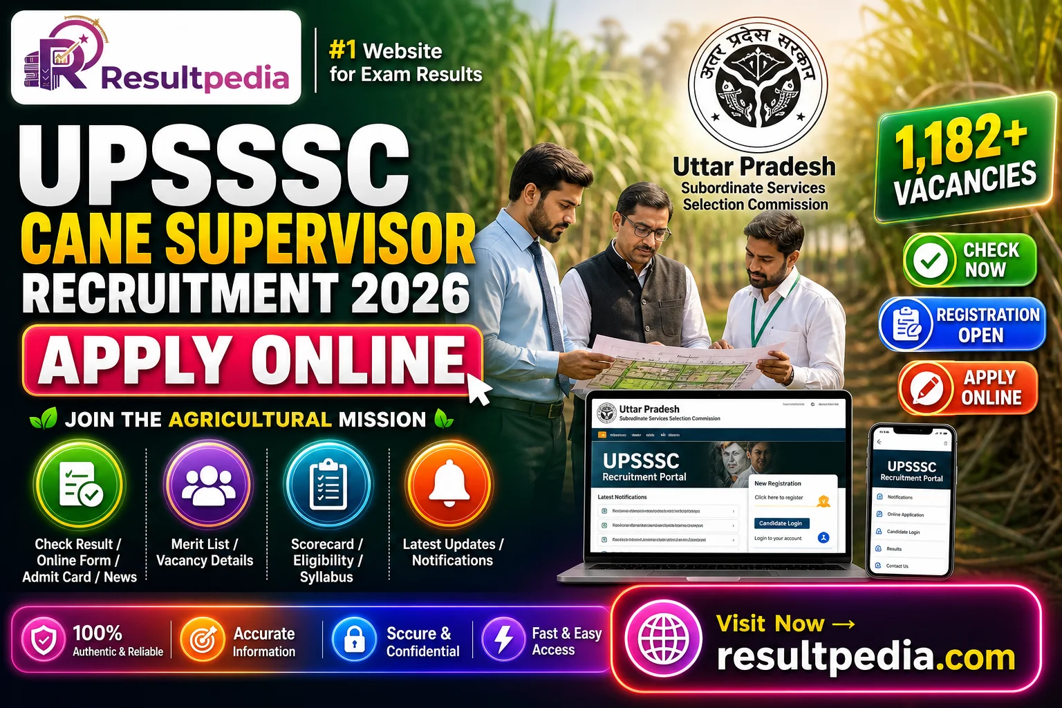 UPSSSC Cane Supervisor Recruitment 2026 — 1,182 Ganna Paryavekshak Posts, Apply Online — Resultpedia banner